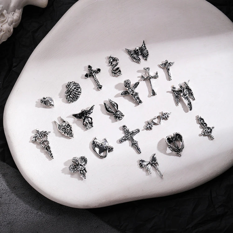 20pcs Style Mix Halloween Nail Art Charm Silver Cross Retro 3D Nail Decoration for Manicure DIY Design Metal Accessories Parts