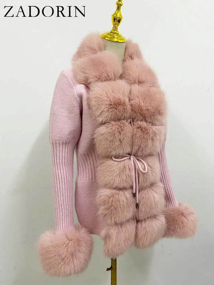ZADORIN Autumn Winter Women Faux Fur Coat Luxury Knitted Sweater Fur Cardigan Detachable Collar White Pink Jacket Faux Fur Coats