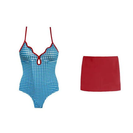 Costume da Bagno a Quadri con Design Snellente, Stile Conservativo, Schiena Scoperta, Gonna, Costume da Bagno Blu Fresco, Set Bikini, Abbigliamento da Resort platinumshop