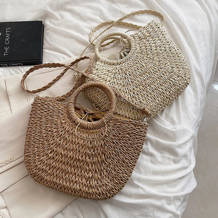 Borse in paglia intrecciata per donna Borsa da viaggio fatta a mano al mare Borsa da spiaggia estiva Nuova borsa a secchiello con manico Shopping Tote Bag Basket Bolsa