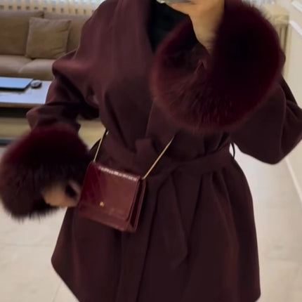 Elegant OL Office Lady Overcoats Fur Patchwork Long Sleeve Woolen Coat Beautiful Women's Clothing Jacket Autumn 2025 Spring