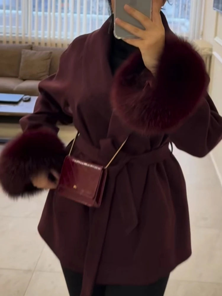 Elegant OL Office Lady Overcoats Fur Patchwork Long Sleeve Woolen Coat Beautiful Women's Clothing Jacket Autumn 2025 Spring