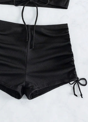 Bikini sexy a vita alta con lacci, set due pezzi da donna, costume da bagno sdoppiato, bikini da spiaggia, nuovo, per tutte le stagioni, tinta unita, senza schienale PlatiNum