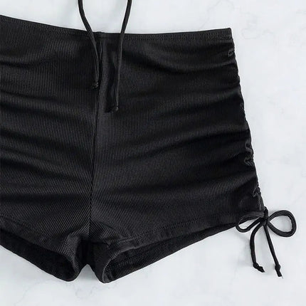 Bikini sexy a vita alta con lacci, set due pezzi da donna, costume da bagno sdoppiato, bikini da spiaggia, nuovo, per tutte le stagioni, tinta unita, senza schienale PlatiNum