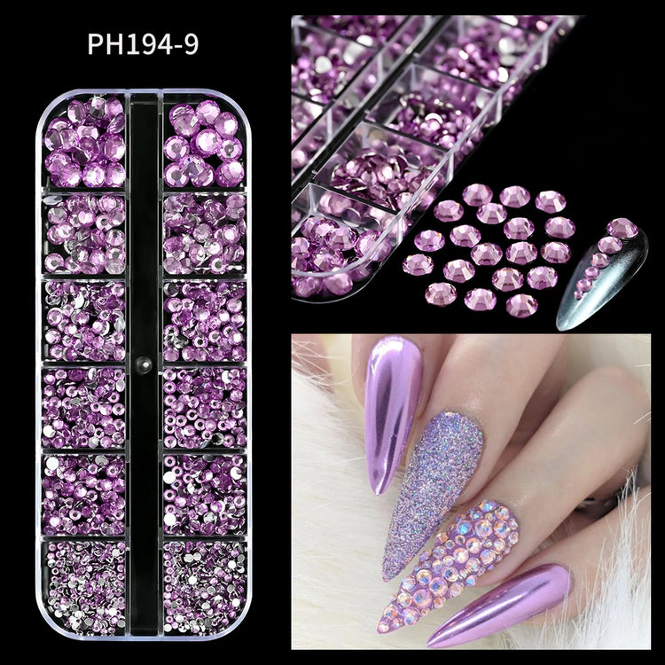 12 Grids Mixed Size Nail Rhinestones SS6 to SS30 Shiny Clear Gold Pink Blue Flat Back Glass Gems for DIY Nail Art Manicure Decoration Supply