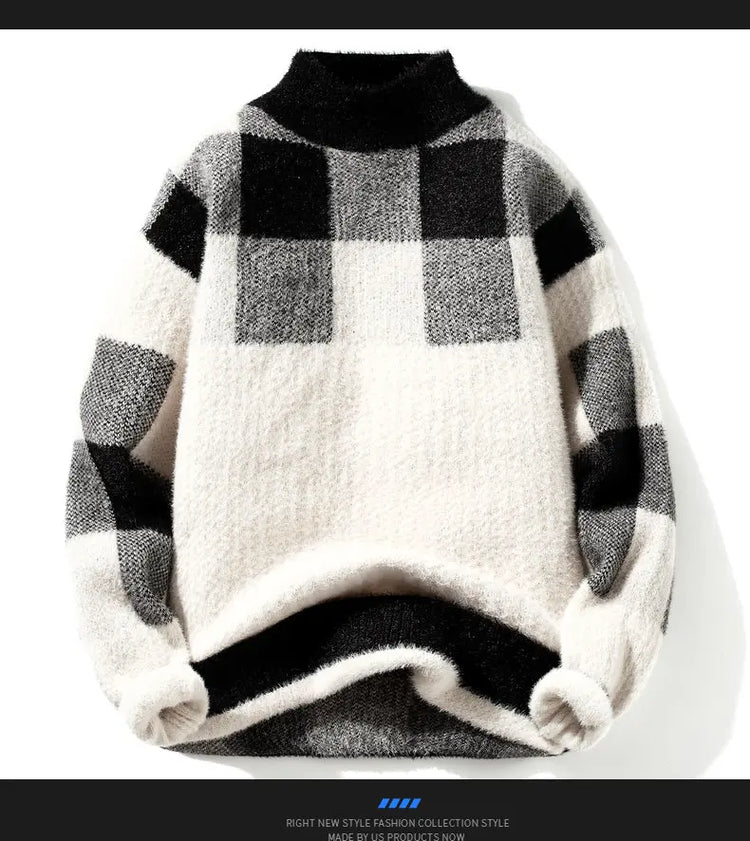 2023 Winter/Autumn Mink velvet High-Quality Fashion Trend Plaid Pattern Sweater Men Casual Loose Warm Sweaters Men Comfortable