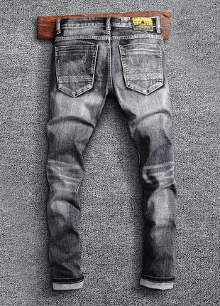 Italian Style Fashion Men Jeans Retro Gray Elastic Slim Fit Ripped Jeans Men Trousers Vintage Designer Casual Denim Pants Hombre PlatiNum