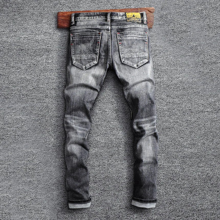 Italian Style Fashion Men Jeans Retro Gray Elastic Slim Fit Ripped Jeans Men Trousers Vintage Designer Casual Denim Pants Hombre PlatiNum