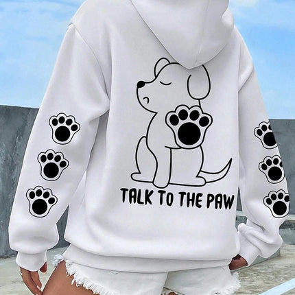 Talk To The Paw Funny Dog Cartoon Print Hoodie Women Warm Fleece Hoody Fashion Casual Hooded Autumn Loose Round Neck Woman Tops