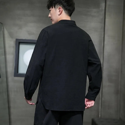 Camicie di lino in cotone Stile cinese Abito tradizionale retrò Tang Top da uomo Kung Fu Tai Chi Camicie casual a maniche lunghe in tinta unita da uomo
