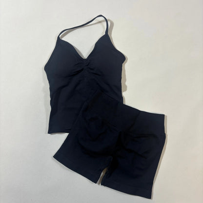 Yoga 2pcs Impact Gym Set Women Backless Tank Tops High Waist Scrunch Seamless Shorts Fitness Clothes Activewear Workout Sets