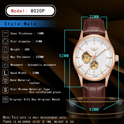 LONGLUX Automatic Watch Elegant Style Wholesale Mechanical Wristwatches Skeleton Rome Waterproof Mens Watch Men Gift