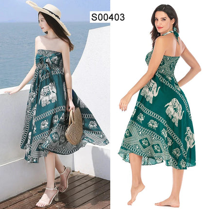 Boho Gonne Donna Rayon Beach Abito lungo Estate Bohemian Jupe Longue Femme Elastico in vita Stampa Fasciatura floreale Halter Hippie platinumshop