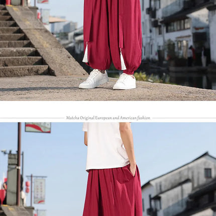 Pantaloni Stile Cinese da Uomo, Etnici in Lino a Gamba Larga, Design con Cavallo Morbido, Pantaloni da Ballo, Casual, Hanfu, Stile Lanterna, 8XL