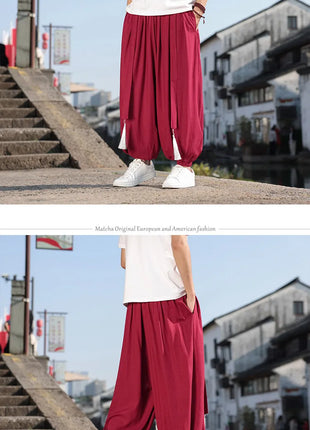 Pantaloni a Gamba Larga Stile Etnico per Uomo, Pantaloni in Lino Comodi e Traspiranti, Pantaloni da Ballo, Abbigliamento Casual Quotidiano, Pantaloni Hanfu, Taglie Fino a 8XL