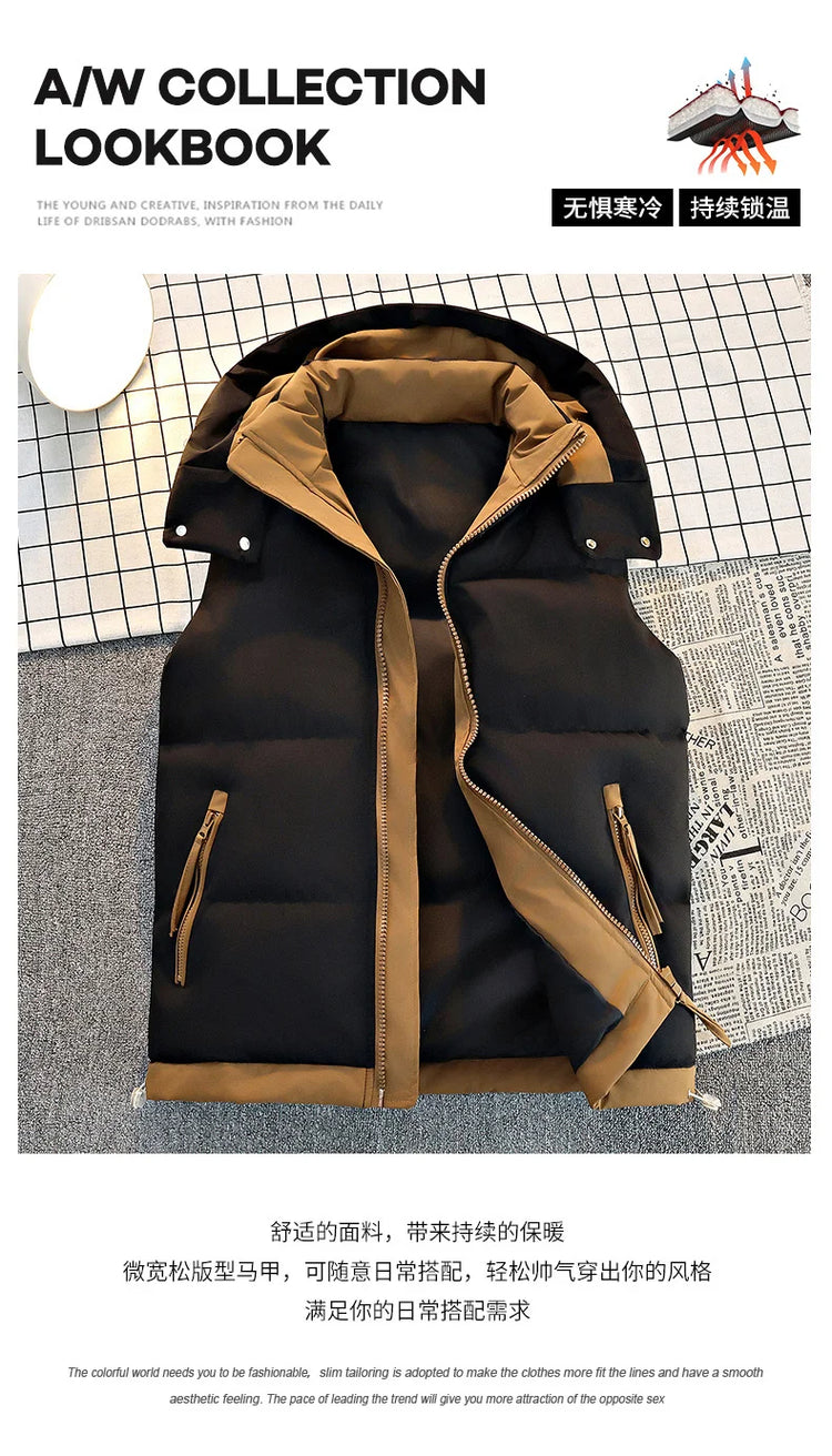 New Hooded Casual Men Waistcoat Comfortable Warm Zipper Male Sleeveless Jackets Solid Color Windproof Clothing for Men Spring