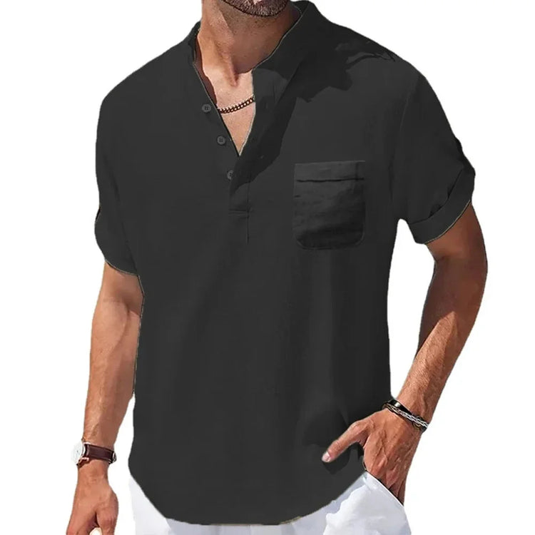 Camicie casual con colletto Henley da uomo nuove Camicia estiva in cotone e lino a maniche corte tinta unita T-shirt da spiaggia larghe e traspiranti