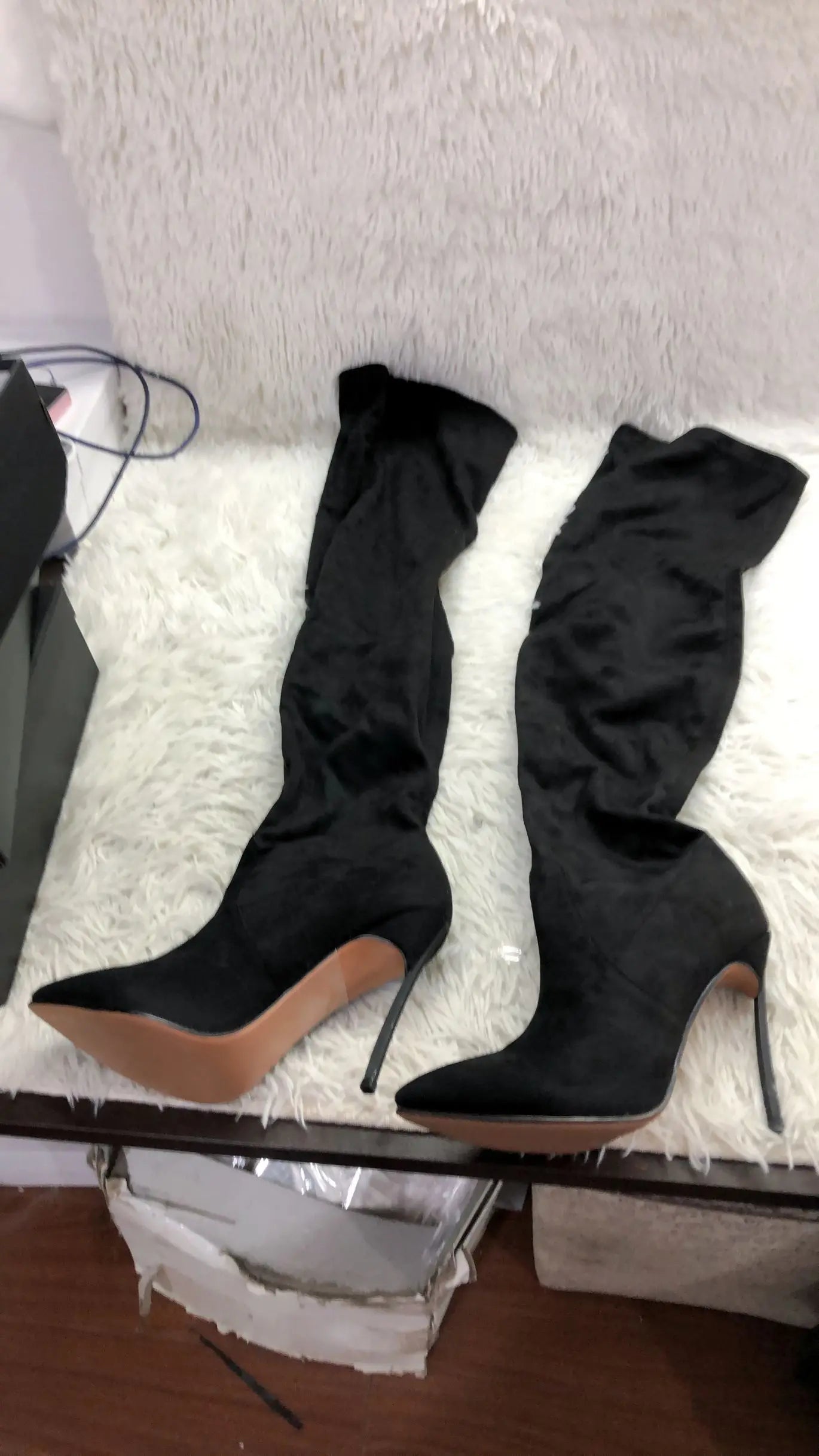 Over The Knee Suede Slim Boots Stretch Fabric Metal Thin High Heel Sexy Pointed Slip On Winter Women Shoes Solid Sexy Boots
