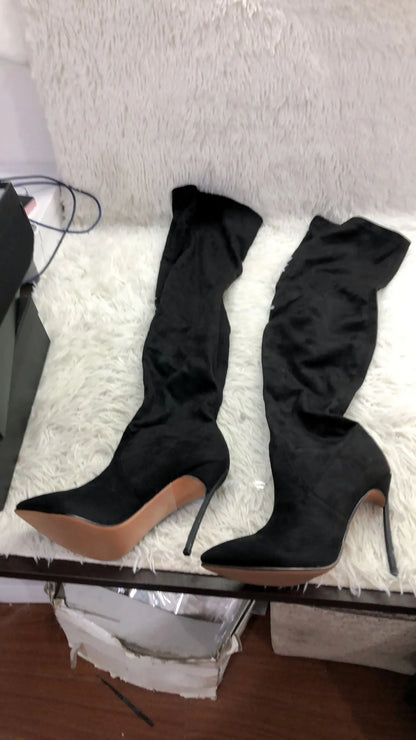 Over The Knee Suede Slim Boots Stretch Fabric Metal Thin High Heel Sexy Pointed Slip On Winter Women Shoes Solid Sexy Boots