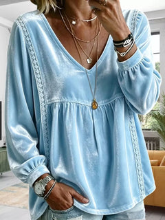 Full Size Velvet Lace Detail V-Neck Blouse Plus Size