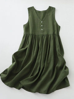 V-Neck Button Detail Sleeveless Midi Dress