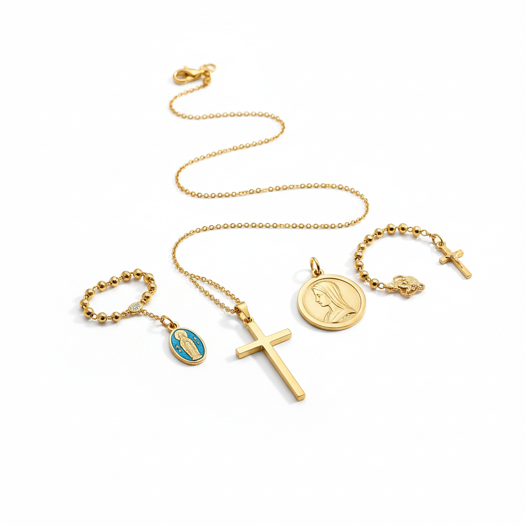 Collane con croce cristiana
Ciondoli Vergine Maria
Simboli religiosi cattolici
Placcatura oro 18K di qualità