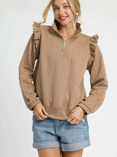 Umgee Cable Knit Textured Pullover with Ruffle Shoulders