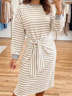 Stripe Striped Colorblock Cuffs Round Neck Long Sleeve Shift Dress