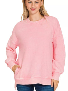 Zenana Full Size Acid Washed Double Ribbed Hi-low Sweatshirt Plus Size